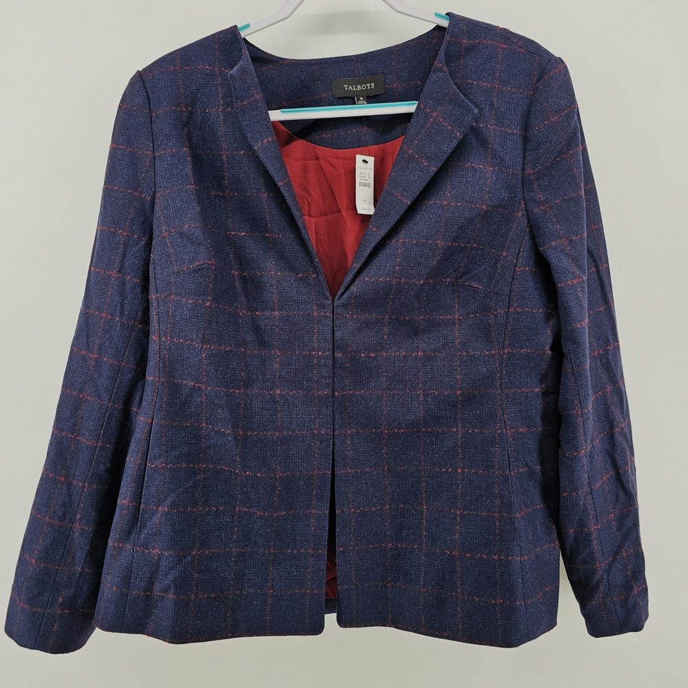 Talbots Blazer Women 16 Blue Red Windowpane Wool Blend Collarless Jacket NWT